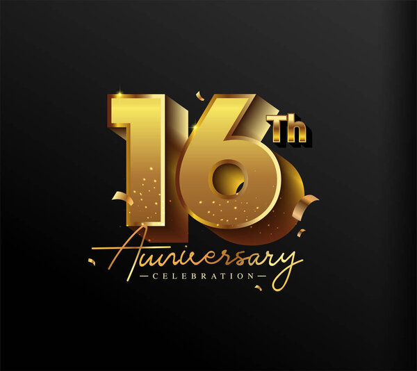 16th Anniversary Logotype with Gold Confetti Isolated on Black Background, Vector Design for Greeting Card and Invitation Card