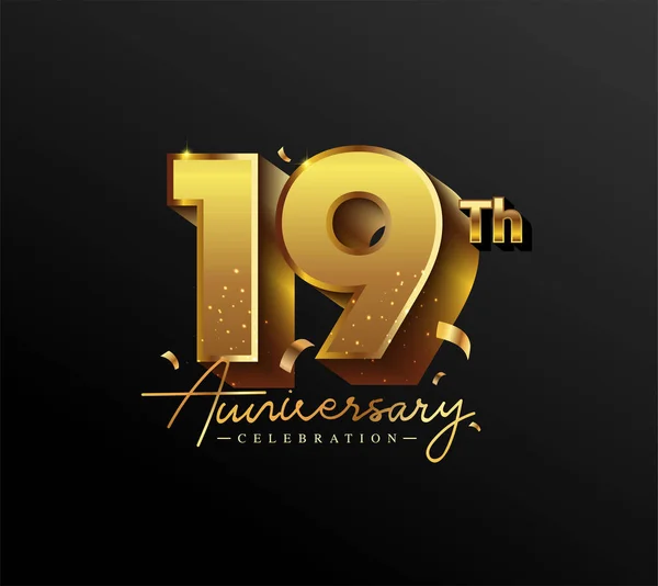 Logotipo Del 19º Aniversario Con Confetti Oro Aislado Sobre Fondo — Vector de stock