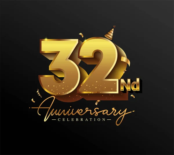 Logotipo Del Trentaduesimo Anniversario Con Confetti Oro Isolati Sfondo Nero — Vettoriale Stock