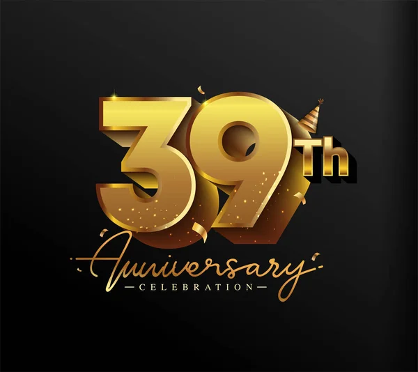 Logotipo Del 39Esimo Anniversario Con Confetti Oro Isolati Sfondo Nero — Vettoriale Stock