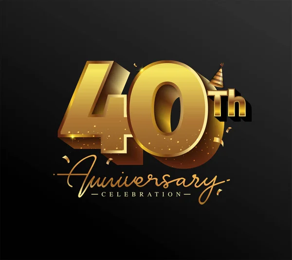 40Ste Verjaardag Logotype Met Gold Confetti Geïsoleerd Zwarte Achtergrond Vector — Stockvector