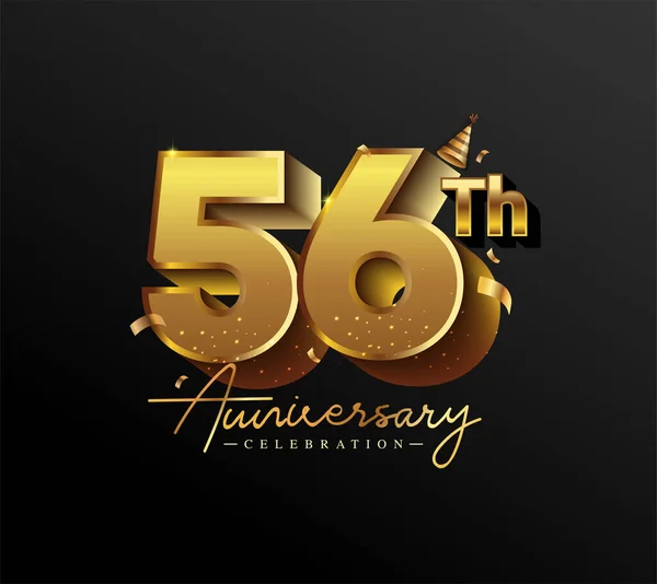 56Th Anniversary Logotyp Med Guld Confetti Isolerad Svart Bakgrund Vektor — Stock vektor