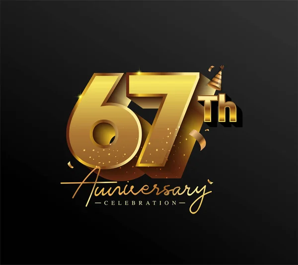 67Th Anniversary Logotyp Med Guld Confetti Isolerad Svart Bakgrund Vektor — Stock vektor