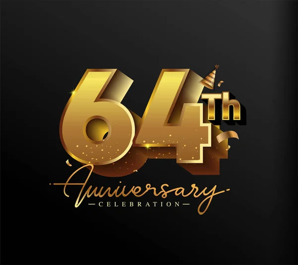 64Th Anniversary Logotyp Med Guld Confetti Isolerad Svart Bakgrund Vektor — Stock vektor