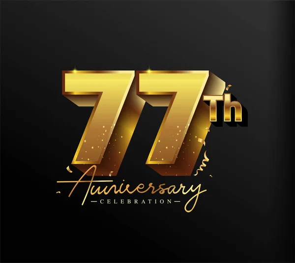 77Th Anniversary Logotyp Med Guld Confetti Isolerad Svart Bakgrund Vektor — Stock vektor