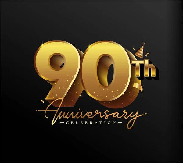 90Th Anniversary Logotype Gold Confetti Geïsoleerd Zwarte Achtergrond Vector Design — Stockvector