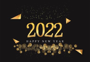 Siyah arkaplanda parlayan simler, altın renkli metin tasarımı, takvim ve tebrik kartı vektör elemanları ile mutlu yıllar 2022..