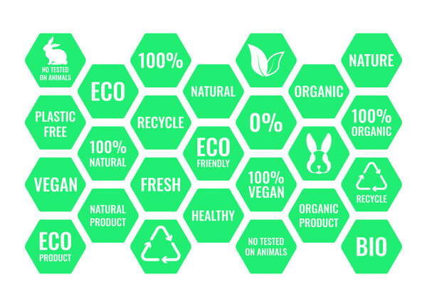 Vector set of icons. Lettering, illustrations in a green hexagonal on the theme of eco, bio, natural and healthy products, safe for vegans. Design template for websites, social networks.