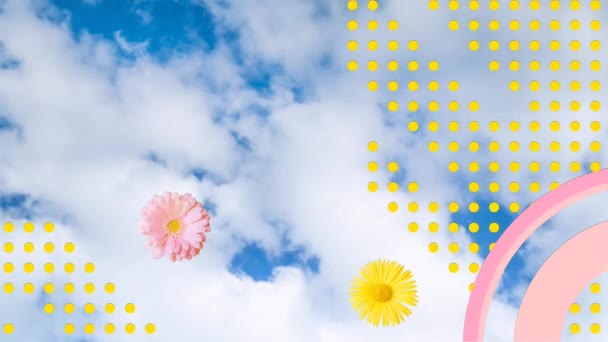 明亮的春夏概念 有黄色 粉色和蓝色三种颜色 蓝天上的黄色和粉色花朵 — 图库视频影像