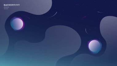 Vektör soyut arkaplanı. Kavram, uzay, sonsuz evren. Sıvı nesnelerin, yıldızların ve gezegenlerin olduğu karanlık bir zemin. Meta için web paneli tasarım şablonu. Kopyalama alanı.