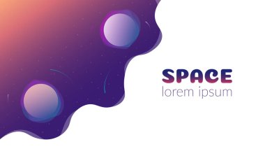 Vektör soyut arkaplanı. Kavram, uzay, sonsuz evren. Sıvı nesnelerin, yıldızların ve gezegenlerin olduğu karanlık bir zemin. Meta için web paneli tasarım şablonu. Kopyalama alanı.