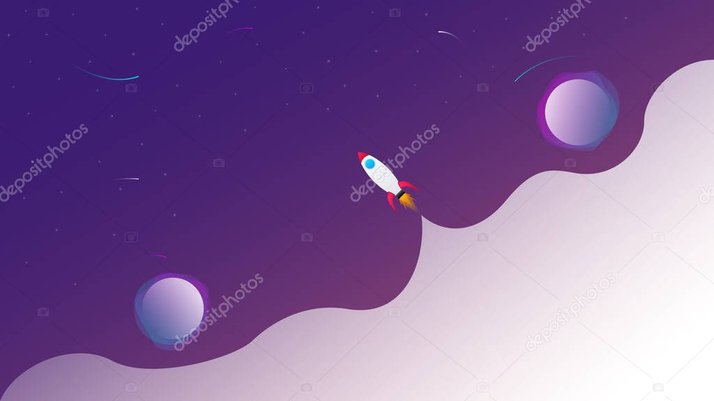 Vector abstract background. Concept, space, infinite universe. Dark background with fluid objects, stars and planets. Web banner design template with meta for text. Copyspace.