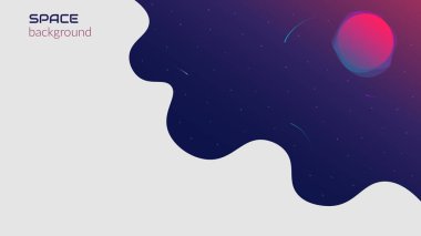Vektör soyut arkaplanı. Kavram, uzay, sonsuz evren. Sıvı nesnelerin, yıldızların ve gezegenlerin olduğu karanlık bir zemin. Meta için web paneli tasarım şablonu. Kopyalama alanı.