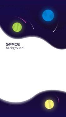 Vector abstract background. Concept, space, infinite universe. Dark background with fluid objects, stars and planets. Web banner design for social network. Copyspace.
