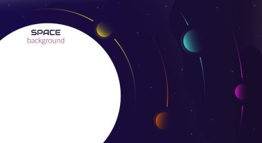 Vector abstract background. Concept, space, infinite universe. Dark background with fluid objects, stars and planets. Web banner design for social network. Copyspace.