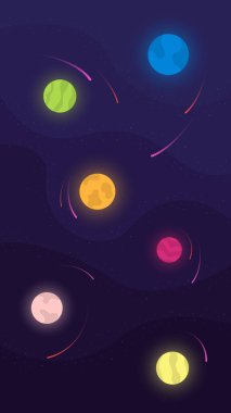 Vector abstract background. Concept, space, infinite universe. Dark background with fluid objects, stars and planets. Web banner design for social network.