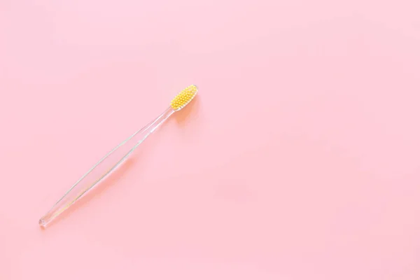 Toothbrush Yellow Bristles Pink Background Oral Hygiene Dentistry Teeth Cleaning — Stock Photo, Image