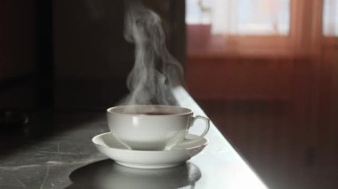 Sıcak aromatik çaylı beyaz bir fincan çay harika buhar çıkarıyor. Parlak güneş ışığı. Çay içme, sağlıklı bitkisel sıcak içecekler..