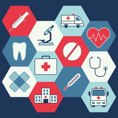 Düz bir tarzda çok renkli minimalist simgelerin vektör kümesi. İlaç ve erzak konularında bir kavram. Web pankartlarında, sosyal ağlarda, web sitelerinde kullanmak için tasarım şablonu.
