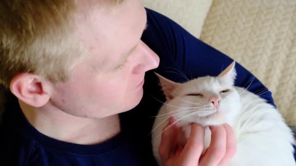 Jovem Homem Louro Caucasiano Segurando Gato Branco Nos Braços Conceito — Vídeo de Stock