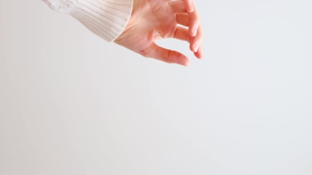 Red Rose Petals Falling Woman Hand Bottom View White Background — Stock Video