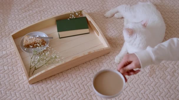 Träbricka Med Kaffe Och Mjölk Kaka Bok Och Små Vita — Stockvideo