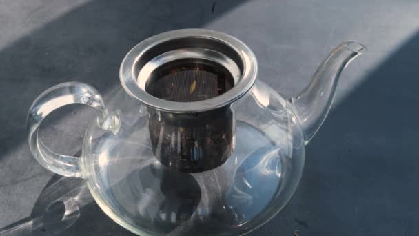 新鲜的芳香茶倒入透明的茶壶中 热暖化维生素健康饮料的概念 — 图库视频影像