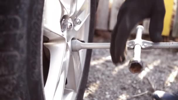 Reemplazo Rueda Concepto Ajuste Neumáticos Autoservicio Usando Una Llave Rueda — Vídeos de Stock
