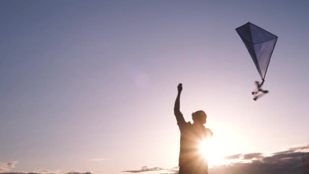 Pipa Azul Voa Céu Pôr Sol Homem Governa Papagaio Conceito — Vídeo de Stock