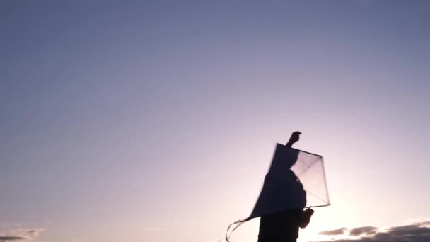 Cometa Azul Eleva Cielo Del Atardecer Hombre Manda Cometa Concepto — Vídeo de stock