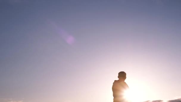 青空に青い凧が浮かびます 男はカイトを支配する 夏の趣味 自然の中でのエンターテイメントの概念 ミニマリズム テキストのためのスペース 青の色合い シルエット — ストック動画