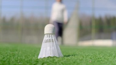 Badminton mekik horozu bir spor stadyumunun yapay çimlerinde yatar. Kadın gider ve alır. Amatör badminton takımı. Yaz hobisi, açık hava sporları, eğlence anlayışı.