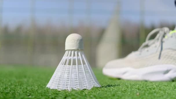 Badminton Mekik Horozu Bir Spor Stadyumunun Yapay Çimlerinde Yatar Kadın — Stok video