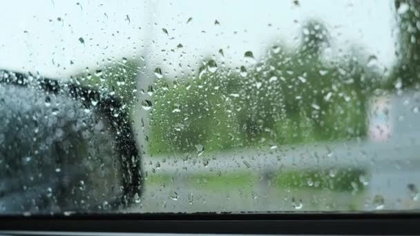 Raindrops Windshield Car Rainy Weather Concept Copy Space Car Wipers — Stock Video