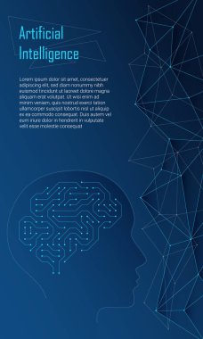 Bilgisayar mikro devresi şeklinde bir beynin vektör çizimi. Kavram, yapay zeka, geleceğin yüksek teknolojileri. Web afişi ve sosyal medya için tasarım şablonu. Boşluğu kopyala