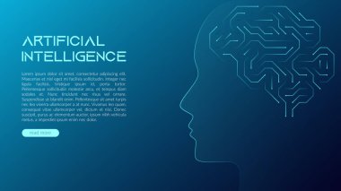 Bilgisayar mikro devresi şeklinde bir beynin vektör çizimi. Kavram, yapay zeka, geleceğin yüksek teknolojileri. Web afişi ve sosyal medya için tasarım şablonu. Boşluğu kopyala