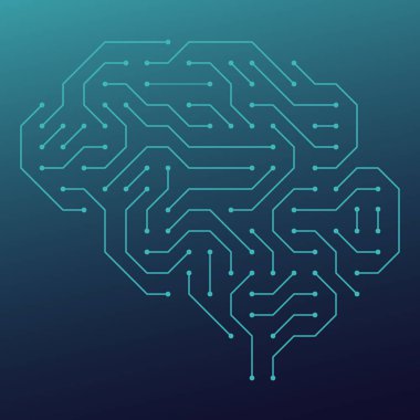 Bilgisayar mikro devresi şeklinde bir beynin vektör çizimi, bir çip. Kavram, yapay zeka, geleceğin yüksek teknolojileri. Pankart, simge ve web sitesi için tasarım şablonu. 