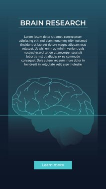 Beyin araştırması konsepti. Koyu mavi arka planda bir beynin vektör doğrusal soyut çizimi. Web afişi tasarım şablonu, iniş sayfası. Boşluğu kopyala.