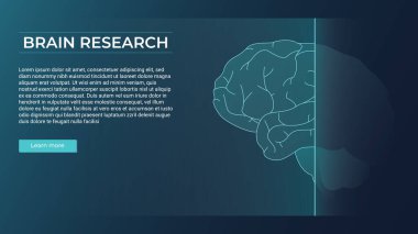 Beyin araştırması konsepti. Koyu mavi arka planda bir beynin vektör doğrusal soyut çizimi. Web afişi tasarım şablonu, iniş sayfası. Boşluğu kopyala.