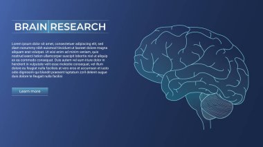 Beyin araştırması konsepti. Koyu mavi arka planda bir beynin vektör doğrusal soyut çizimi. Web afişi tasarım şablonu, iniş sayfası. Boşluğu kopyala.