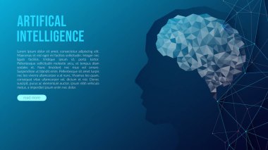 Yapay zeka kavramı, modern teknolojiler. Karanlık bir arka planda düşük polimerli beyin çizimi. Web afişi tasarım şablonu, iniş sayfası. Boşluğu kopyala.