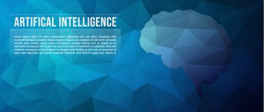 Yapay zeka kavramı, modern teknolojiler. Karanlık bir arka planda düşük polimerli beyin çizimi. Web afişi tasarım şablonu, iniş sayfası. Boşluğu kopyala.
