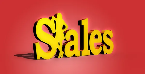 Sales lady standing in 3D text red and gold — Stock Photo, Image