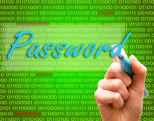 Marcatore mano scrittura proteggere password cyber criminalità cautela testo binario — Foto Stock