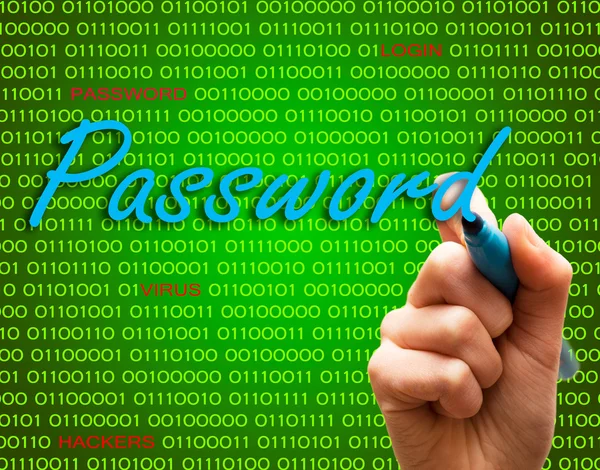 Marcatore mano scrittura proteggere password cyber criminalità cautela testo binario — Foto Stock