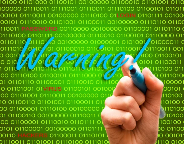 Warning password login virus hackers hand binary text — Stock Photo, Image
