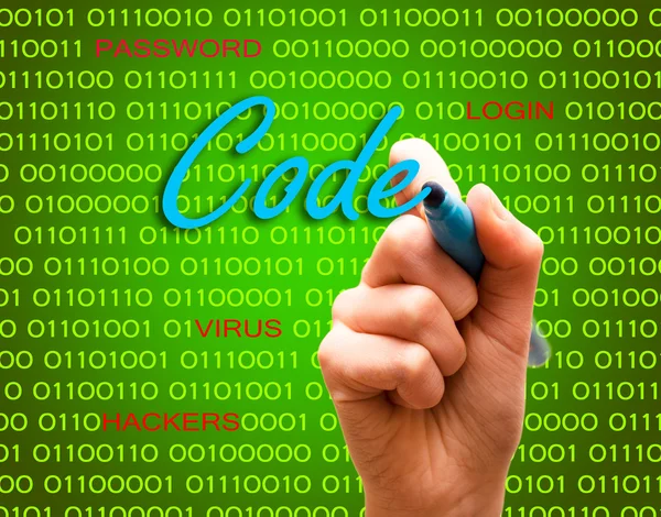 Code password login virus hackers hand binary text — Stock Photo, Image