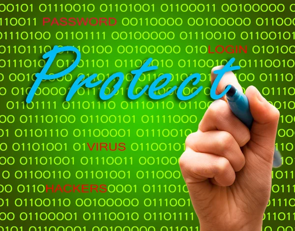 Proteger contraseña de inicio de sesión virus hackers mano texto binario —  Fotos de Stock