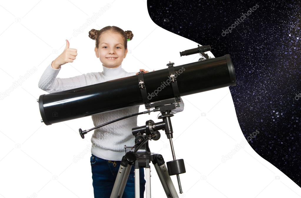 Child Looking Into Telescope Star Gazing Little girl isolated on a white background