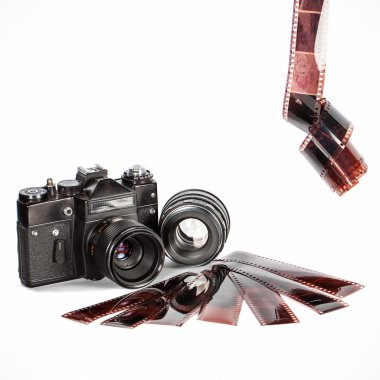 Eski film fotoğraf ve film. Beyaz bir arka plan üzerinde yalıtım. Vintage